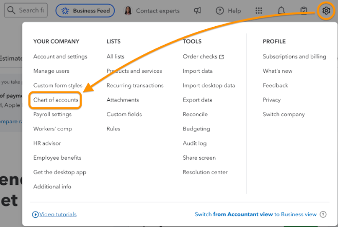 Screen showing how to navigate to the chart of accounts in QuickBooks Online