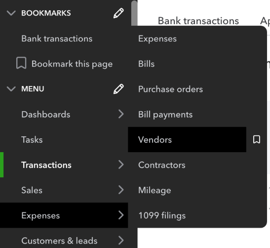 Screen showing how to navigate to the suppliers section in QuickBooks Online