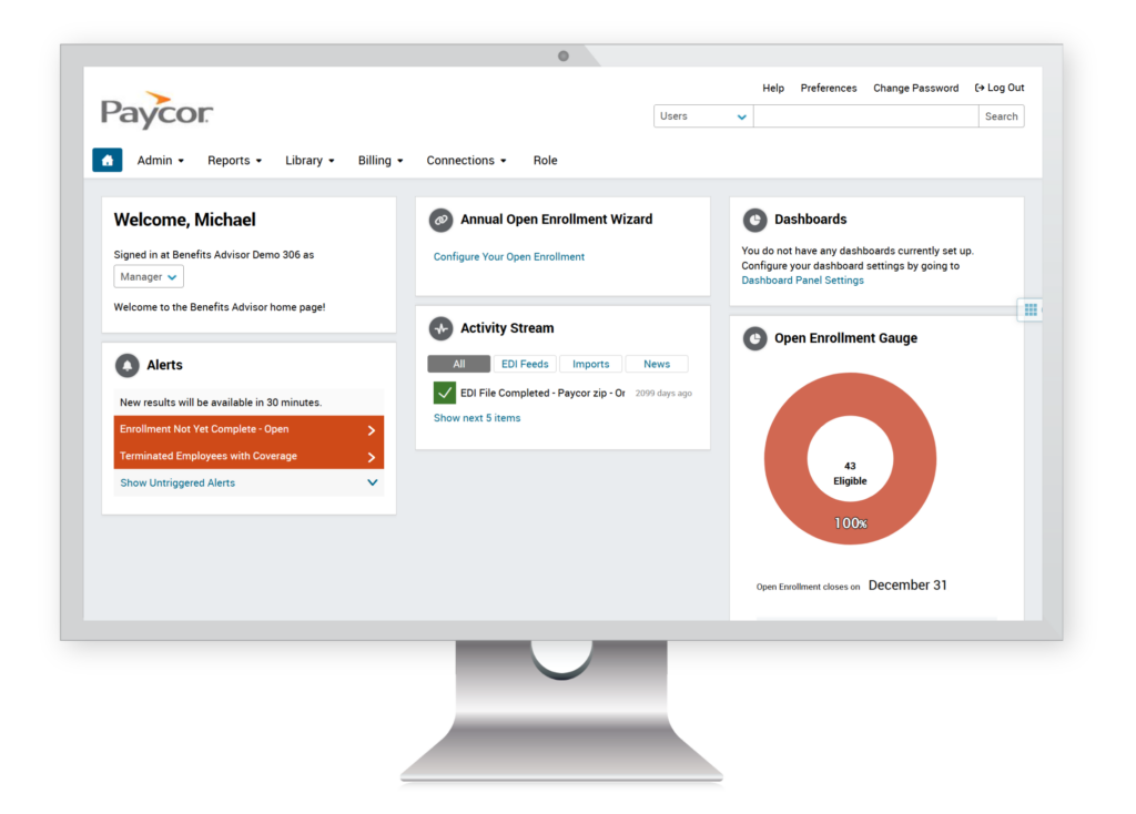 dashboard for benefits administration showing open enrollment wizard