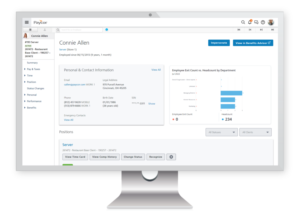 employee dashboard showing details, about information, contact, and interests