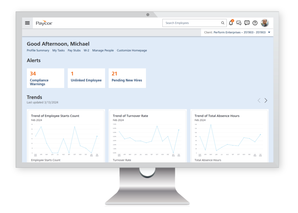 dashboard with blocks for company news, team information, alerts, and a punch clock