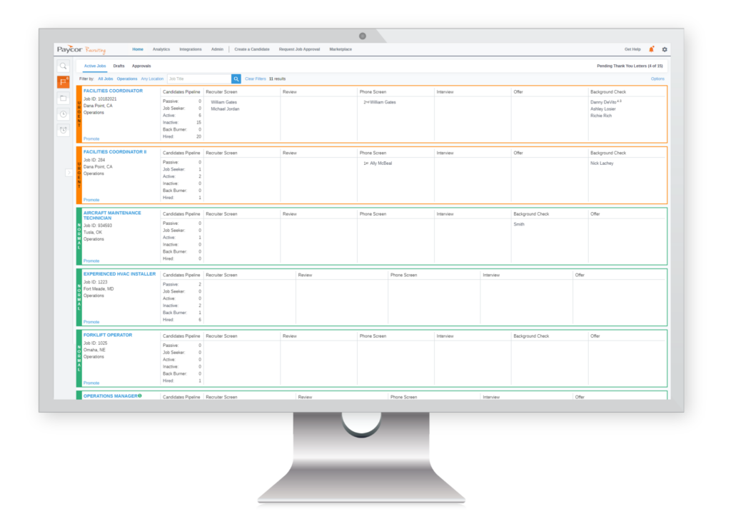 hiring management dashboard with blocks for each job title