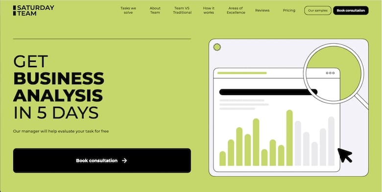 Promodo website design for Saturday Team a business analysis software company in a sage green color scheme with the headline "Get Business Analysis in 5 days".