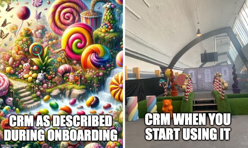Expectation vs reality in using CRM shown through a meme about the Willy Wonka immersive experience.