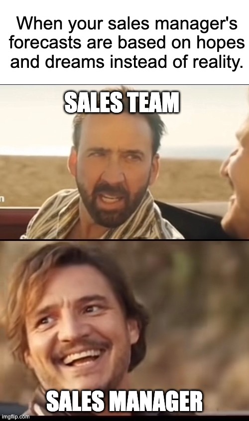 A meme of Pedro Pascal and Nicholas Cage depicting misguided sales forecasting.