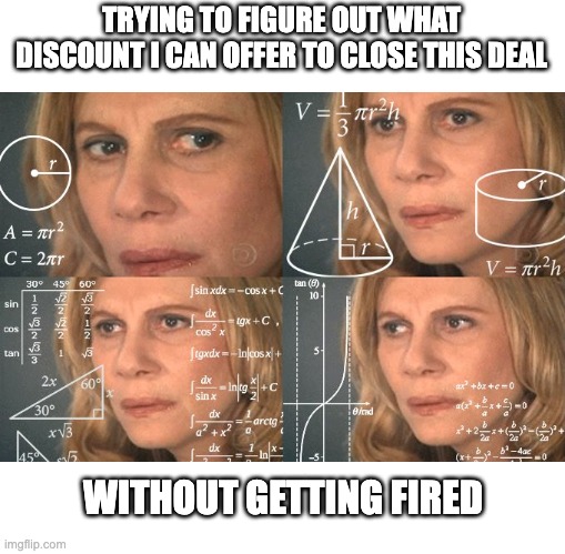 The math lady meme calculating sales discounts.