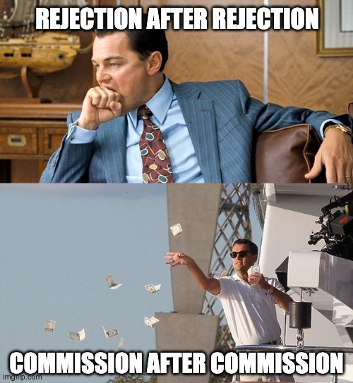 A wolf of Wall Street meme showing the life of a sales rep.
