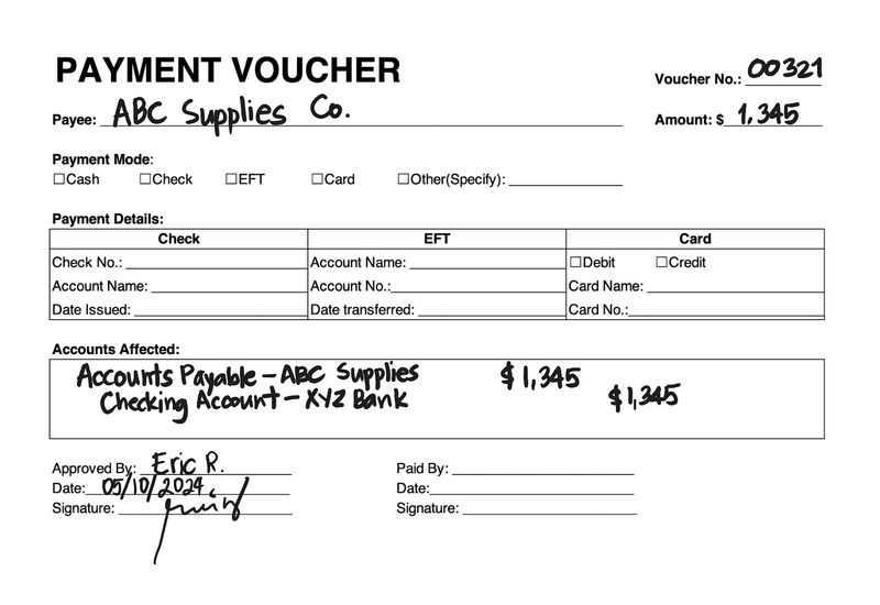 Partially filled out voucher after A/P clerk's approval of payment.