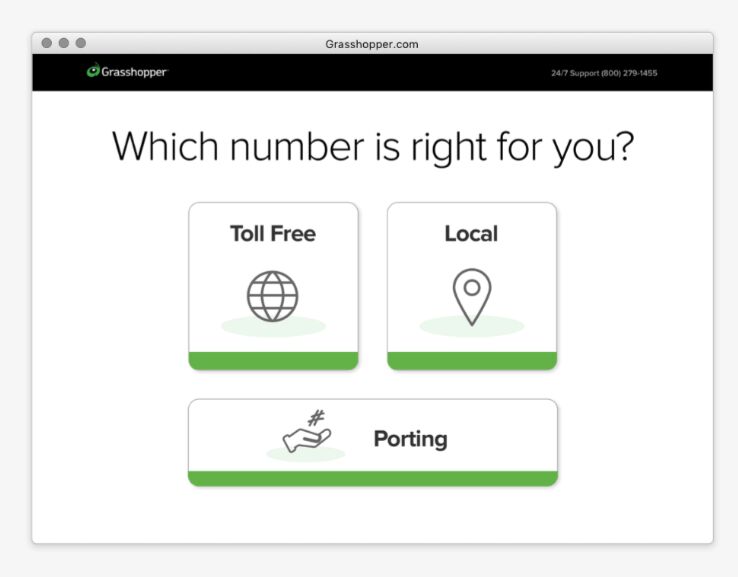 Phone number choices for Grasshopper plans, including toll-free, local, and porting options.