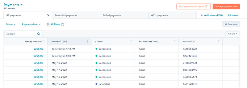 HubSpot’s payment section shows payment details.