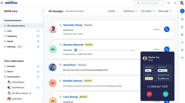 Nextiva business phone system dashboard with call and messaging data.