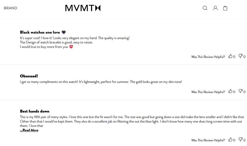 Online testimonials for watchmaking brand MVMT.