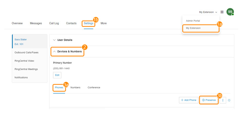 The RingCentral's user presence settings where users can enable the feature and customize extensions and devices. 