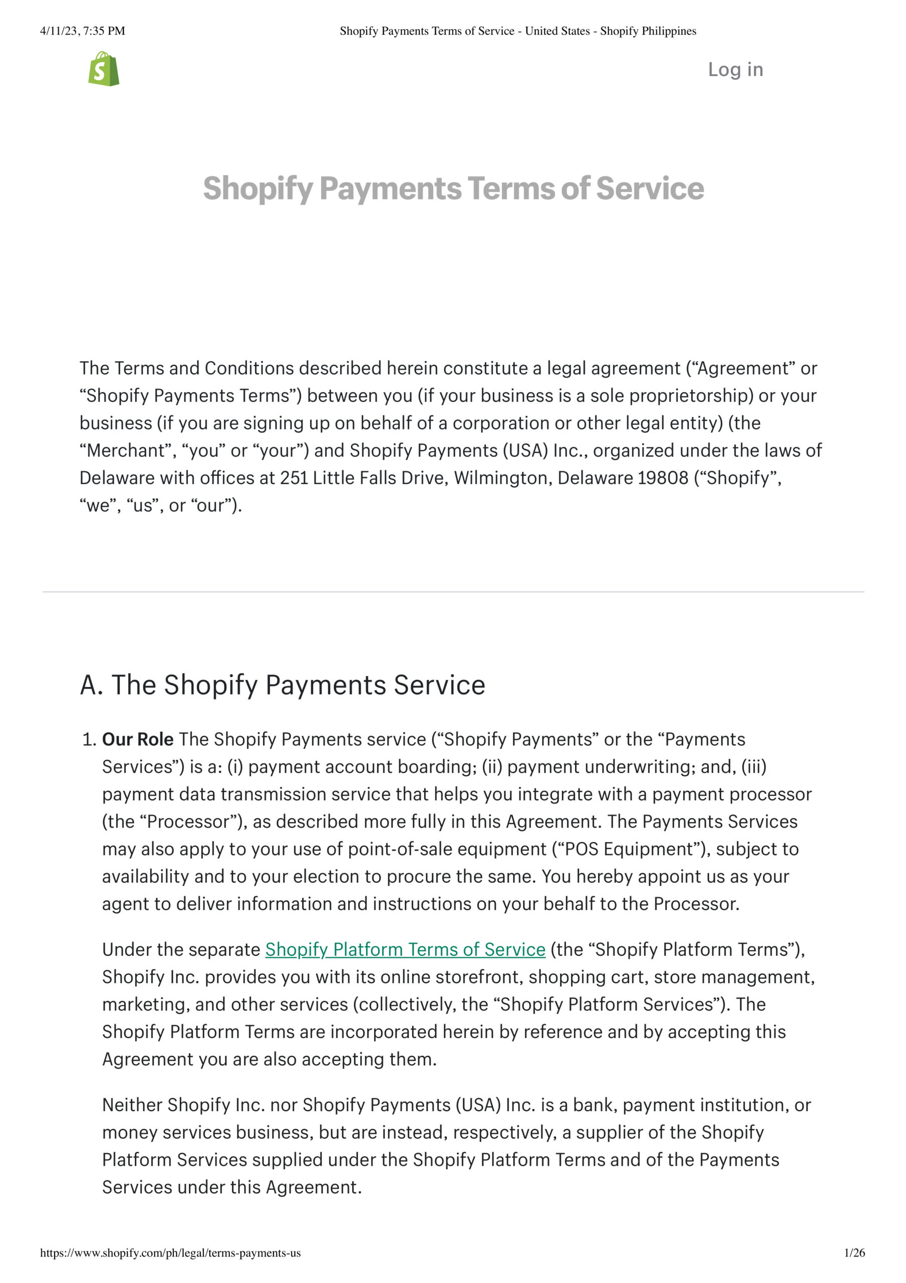 Screenshot of the first page of Shopify Payment Terms of Service