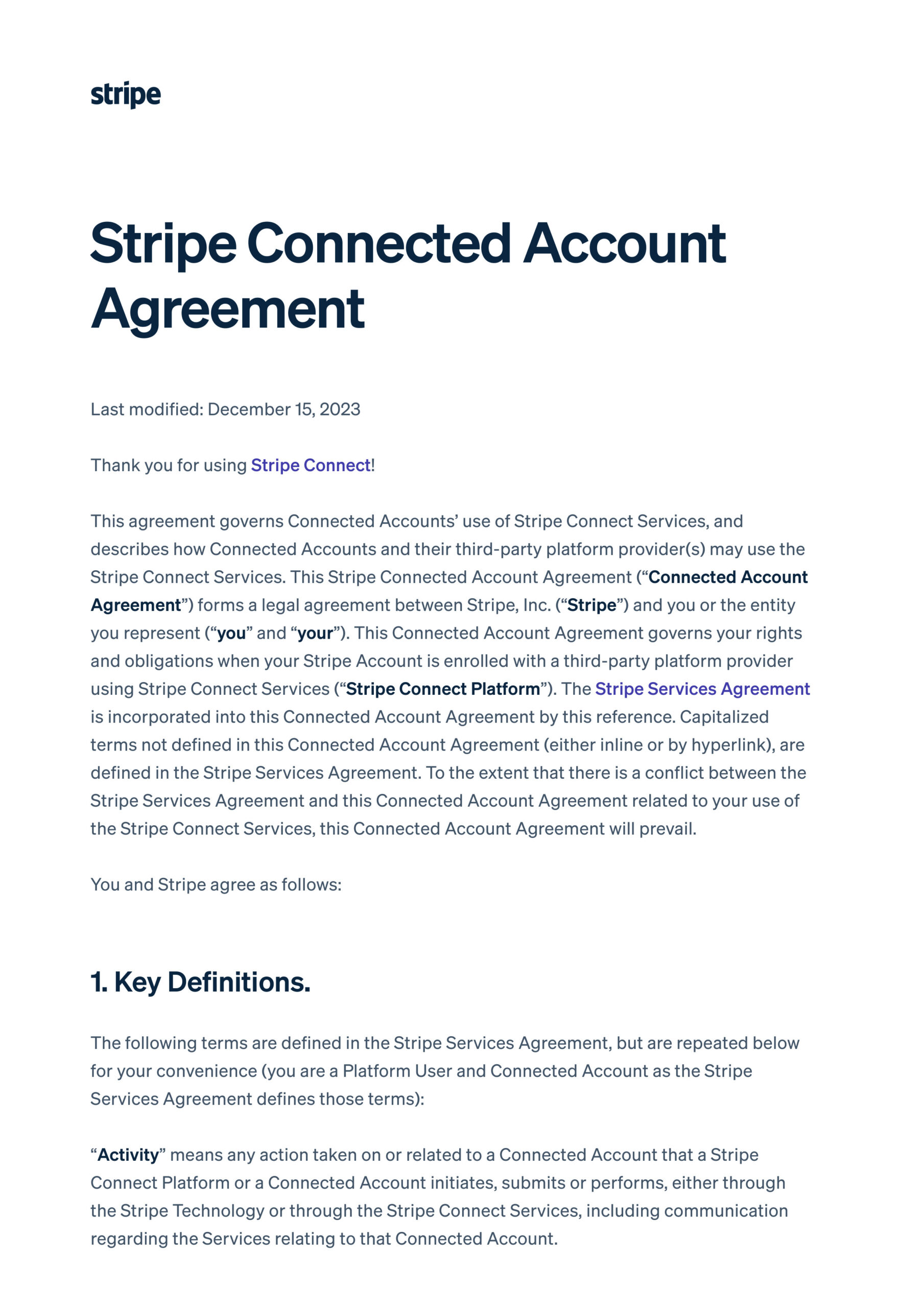 Screenshot of the first oage of StripeConnected Account Agreement