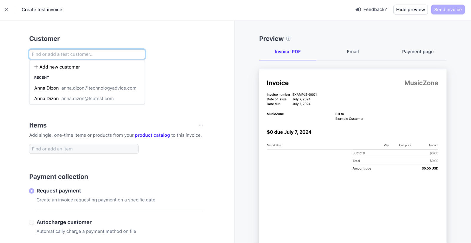 Stripe invoice feature with sample invoice preview.