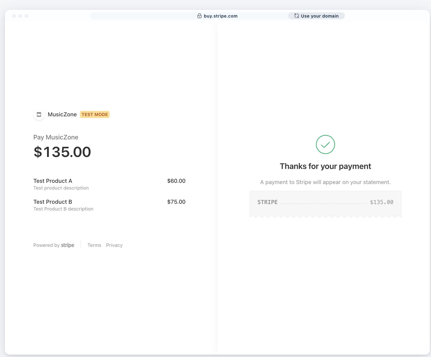 Stripe payment confirmation for paid online invoice.