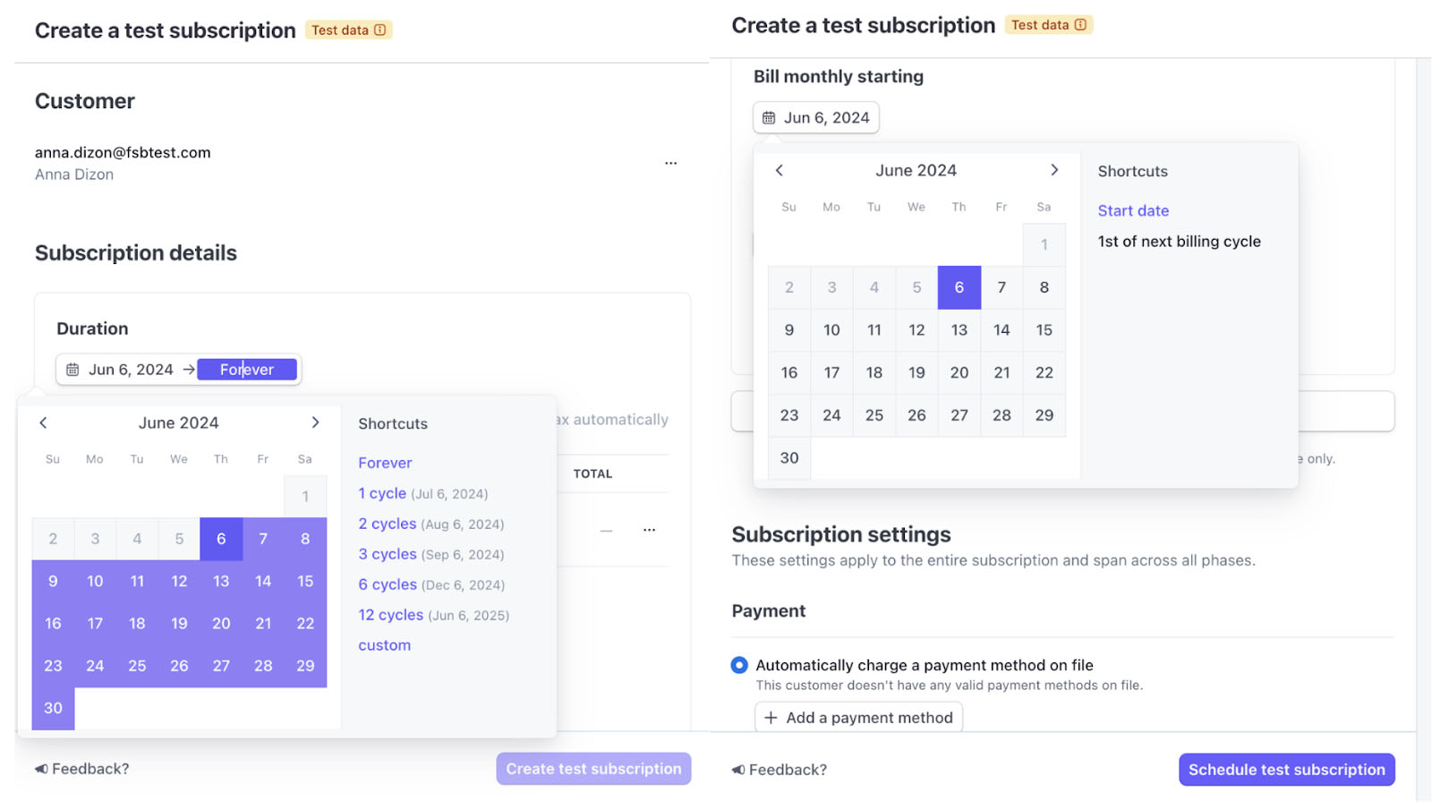 Subscription and monthly billing settings on Stripe.