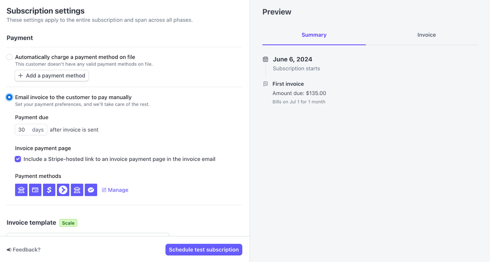 Subscription payment settings on Stripe.