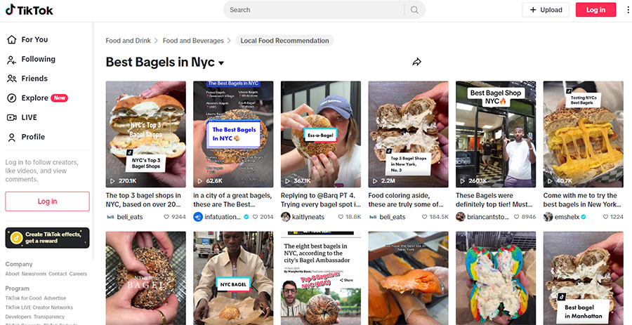 TikTok search results for "Best Bagels in NYC".
