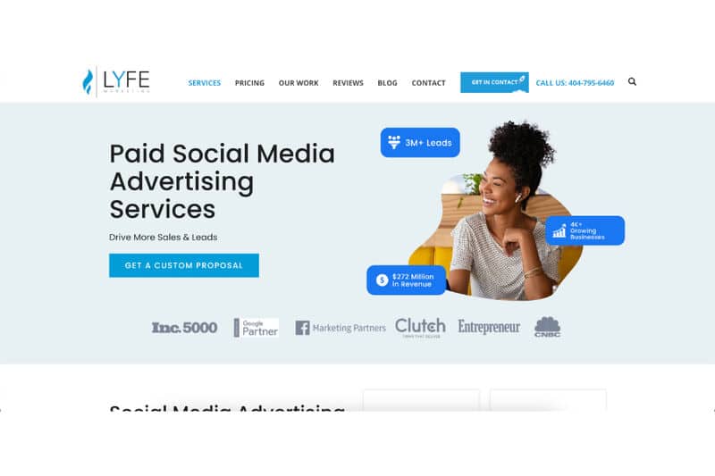 LYFE Marketing's website showing its social media ads services.