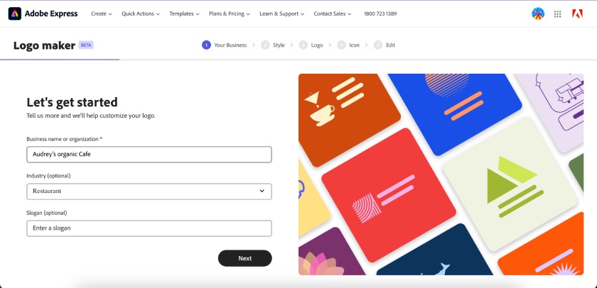 Adobe Express's Logo Maker with prompts to enter your business name and details.