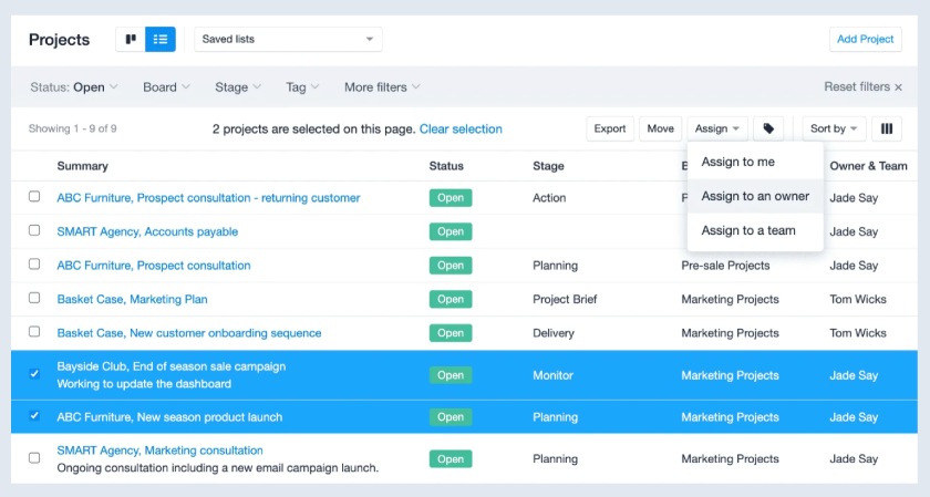 Capsule CRM's project management dashboard showing summary, status, and stage details with an option to assign to the user, another owner, or a team.