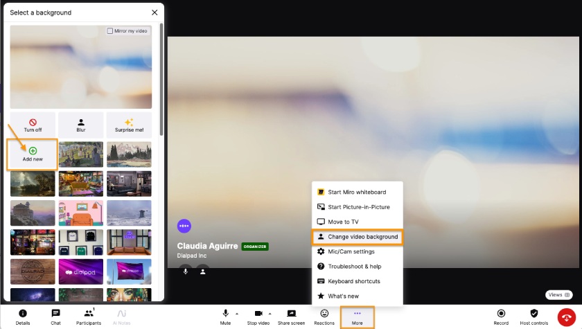 Dialpad AI Meetings interface showing a virtual meeting with multiple video feeds and virtual background options.