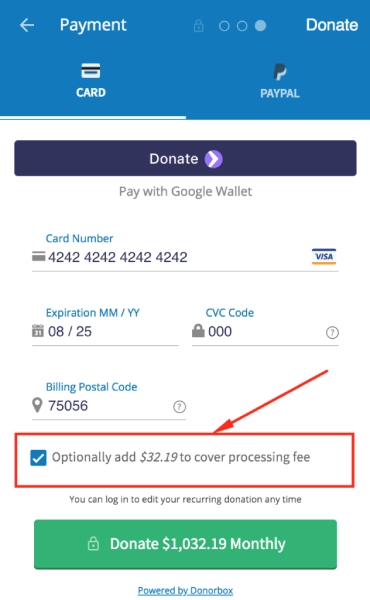 Donorbox donation form with sample transaction and PayPal button.
