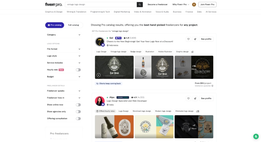 Fiverr Pro's search results for vintage logo designers.