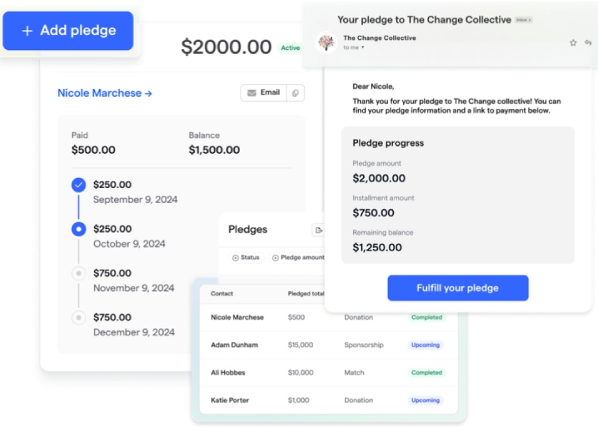 Givebutter pledge management feature with sample pledges.