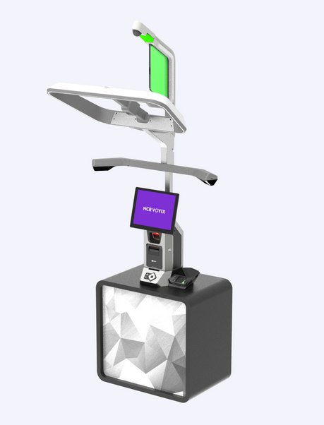 NCR Voyix self-checkout device with hardware attachments.