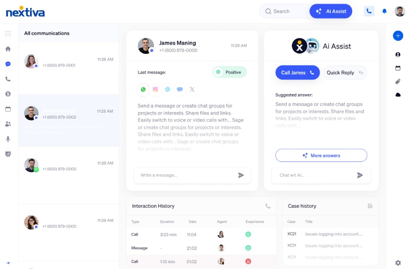 Nextiva unified inbox with widgets for interaction history, case history, AI assist, contacts, and a navigation bar for previous interactions.