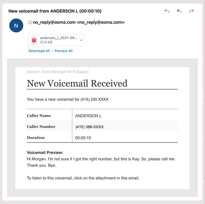 Ooma's voicemail transcription feature displaying a voicemail message transcribed into text in an email on a smartphone.