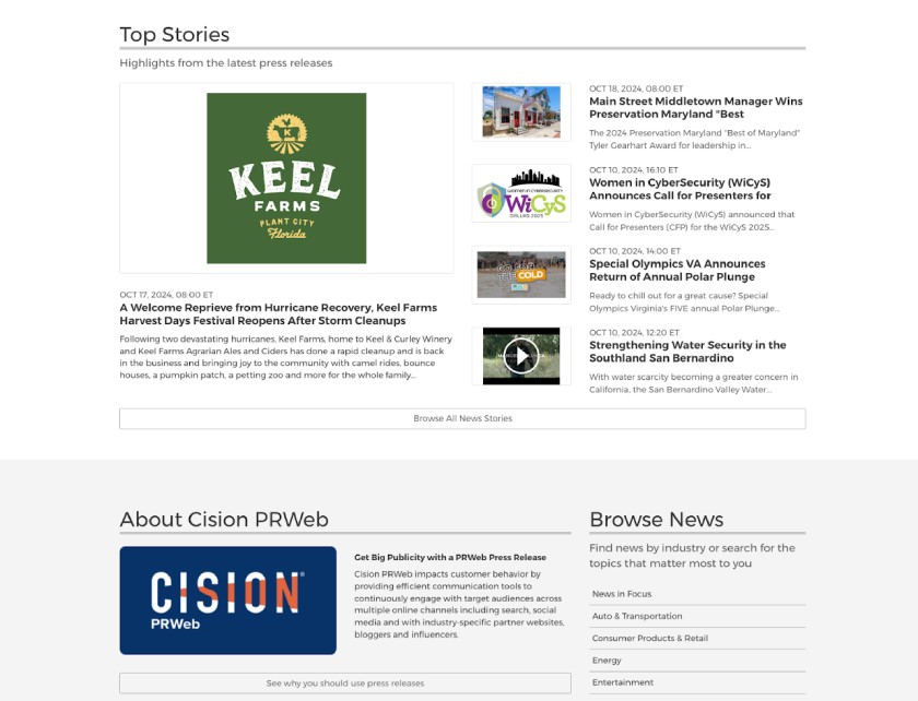 PRWeb's newsroom on its website with recently published press releases.