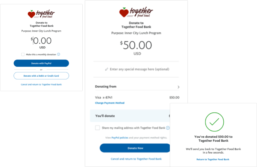 PayPal donor log in, payment page and confirmation windows.