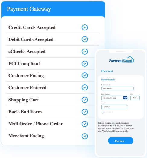 PaymentCloud list of payment processing features with sample custom mobile app on the right.