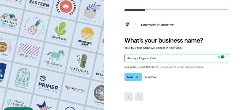Prompt from VistaPrint Logomaker to enter your business name.