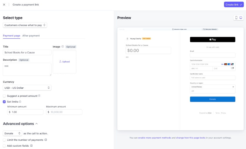 Stripe payment link set up for donations.