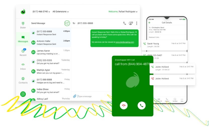 The Grasshopper desktop and mobile interface for call and messaging features.