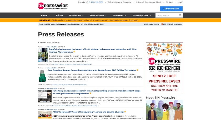 The newsroom on EIN Presswire's website with various recent press releases.