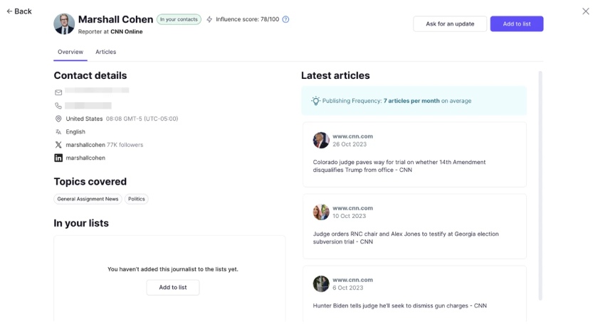 The Prowly platform's media pitching tool with sample journalist details.