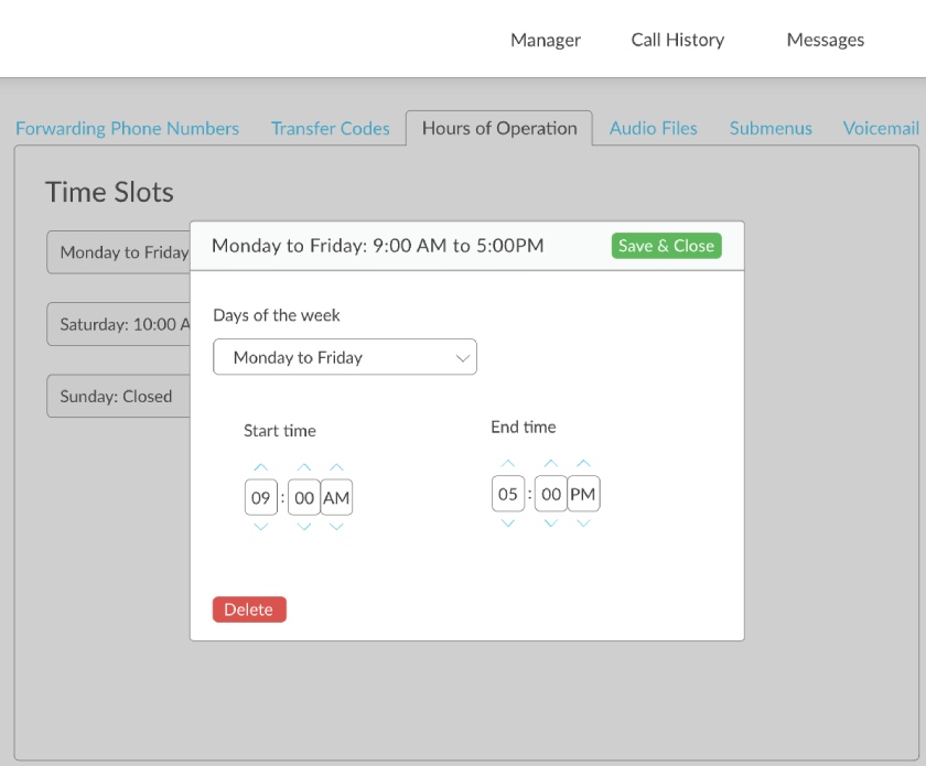 The Talkroute configuration settings for setting hours of operation.