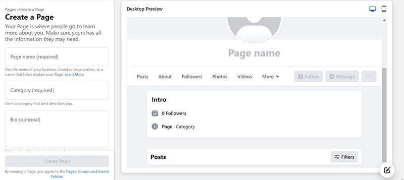 Screenshot of new Facebook business page.