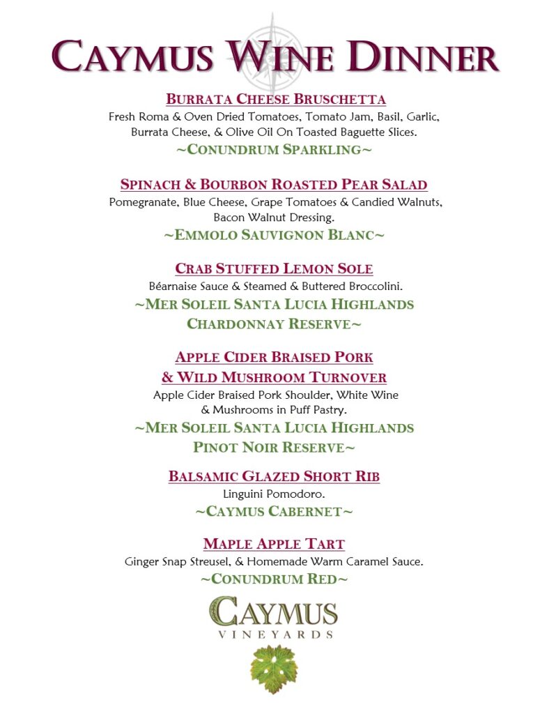 Caymus wine dinner menu