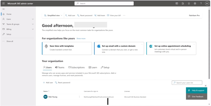 Microsoft Outlook's admin dashboard.