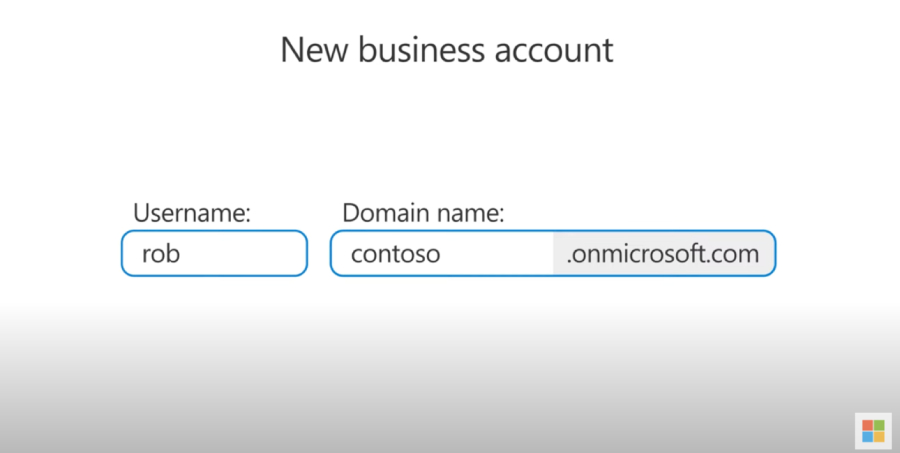 A new business email with a custom domain being created in Microsoft 365.