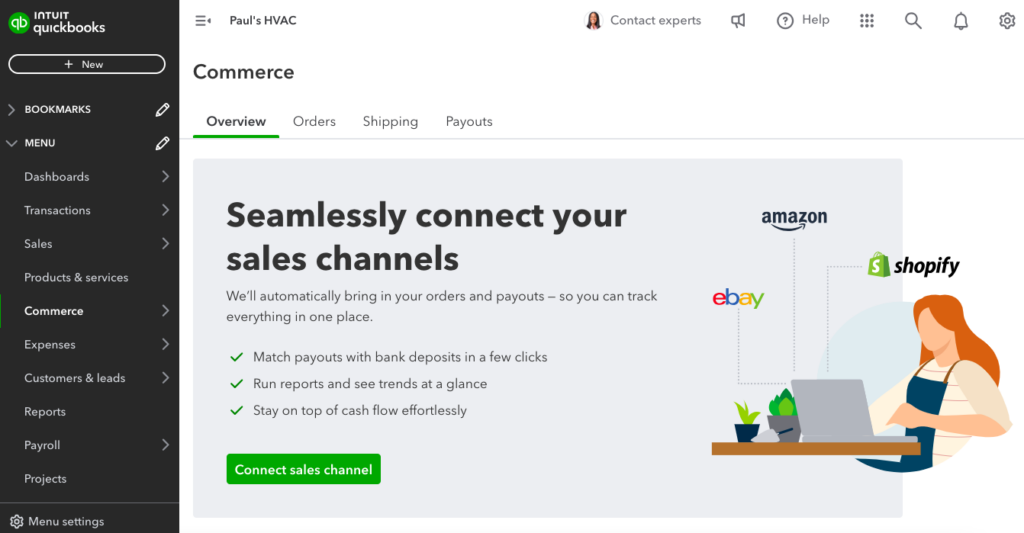 Commerce page in QuickBooks Online, which lets you connect your ecommerce platform directly to QuickBooks