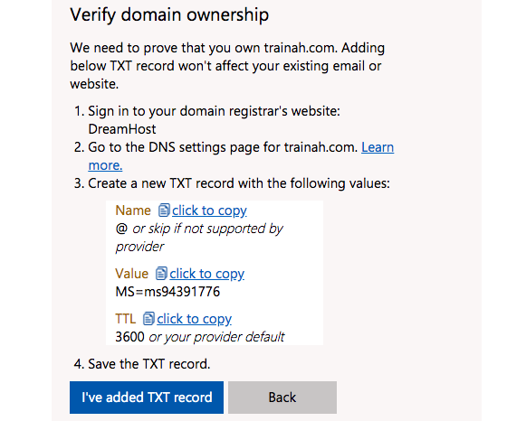 Microsoft 365 setup panel showing how to verify your domain using a TXT record.