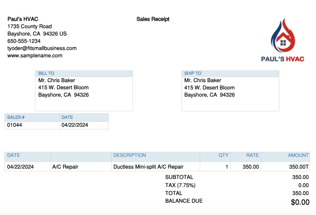 Sample invoice created in QuickBooks Online showing details like the customer and the total amount paid